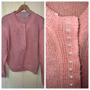 Vintage Y2K Sweater Womens X-Large Henley Pearl Fifties Chic Pretty in Pink XL